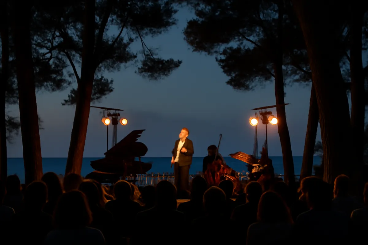 Concert de jazz en plein air sous de grands pins au crépuscule, face à la mer
