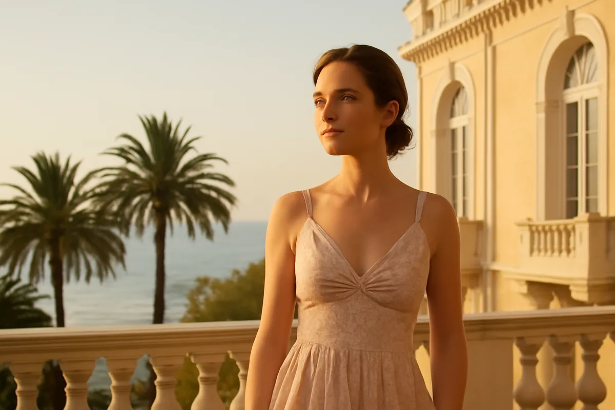 Femme sur la terrasse d'une villa Belle Époque entourée de palmiers, avec la mer en arrière-plan