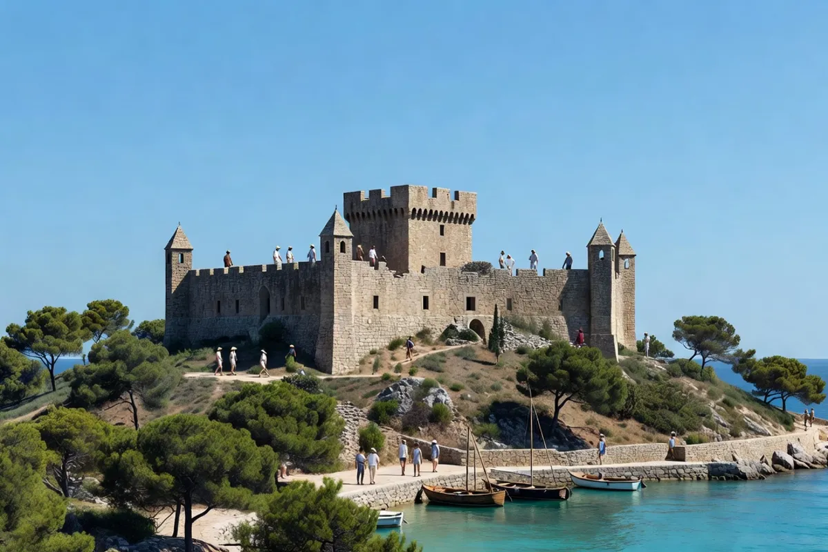Fortification de pierre perchée sur une colline au bord d'une baie méditerranéenne, avec des promeneurs sur les remparts