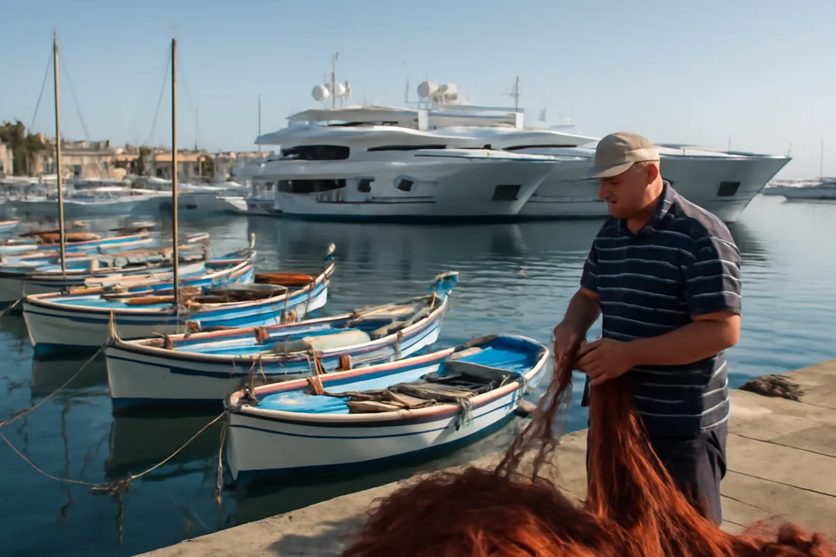 Barques de pêche traditionnelles amarrées près de grands yachts dans un port méditerranéen, avec un pêcheur qui trie ses filets