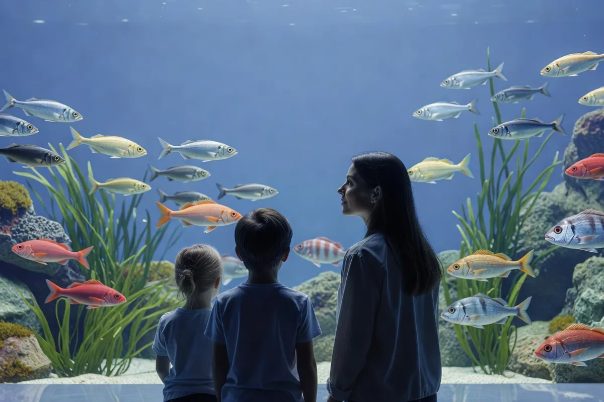 Enfants observant un grand aquarium de poissons méditerranéens dans un espace pédagogique