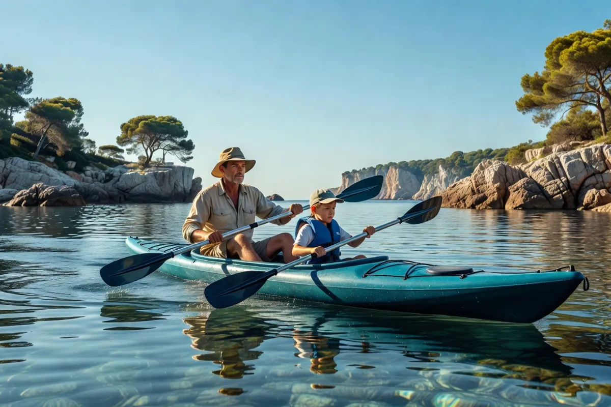 Père et enfant en kayak sur une mer calme près de rochers et de pins sur le littoral antibois