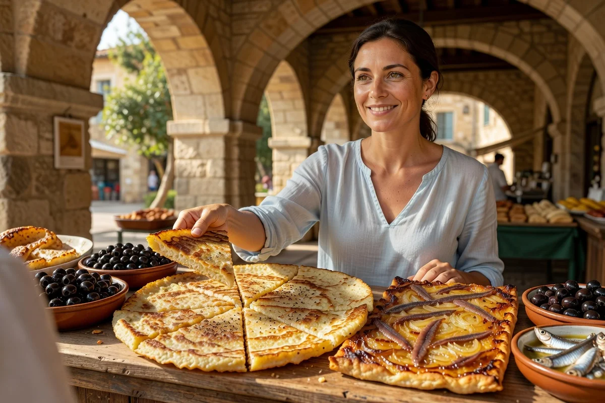 Étal de marché provençal avec socca, pissaladière découpée et olives de Nice, une vendeuse servant une part à une cliente