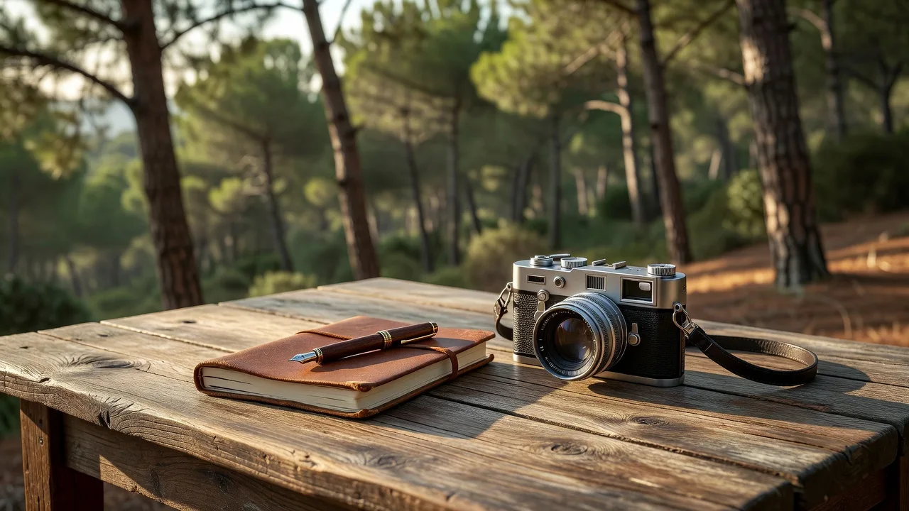 Carnet de notes et appareil photo posés sur une table en bois, en extérieur, avec vue sur la pinède littorale