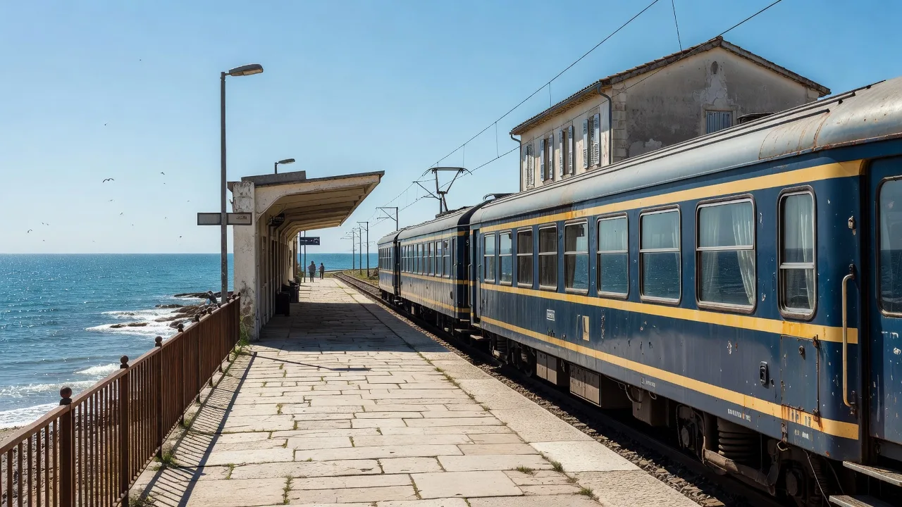 Gare SNCF d'Antibes avec un train régional en attente sur le quai