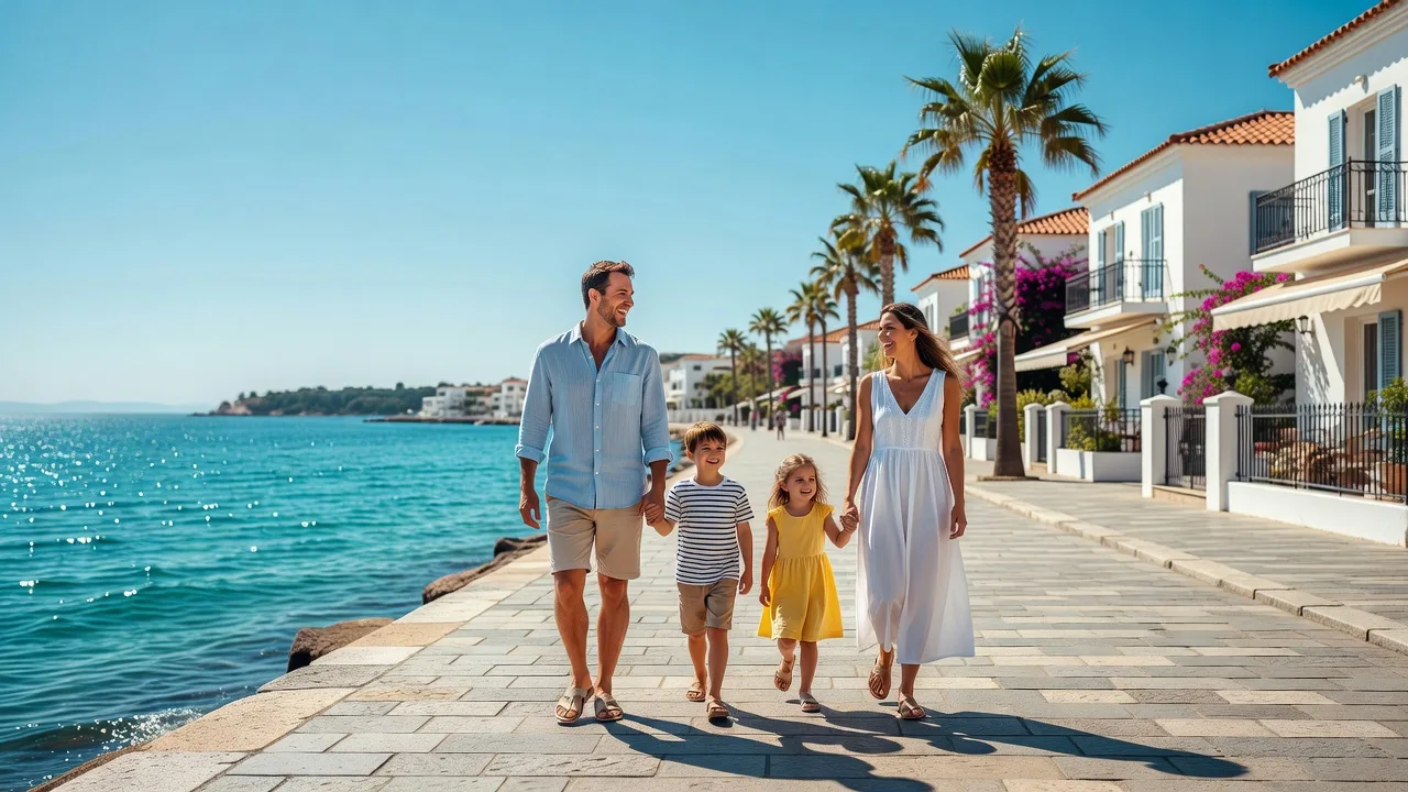 Famille souriante marchant ensemble sur une promenade en bord de mer près d'Antibes, journée ensoleillée