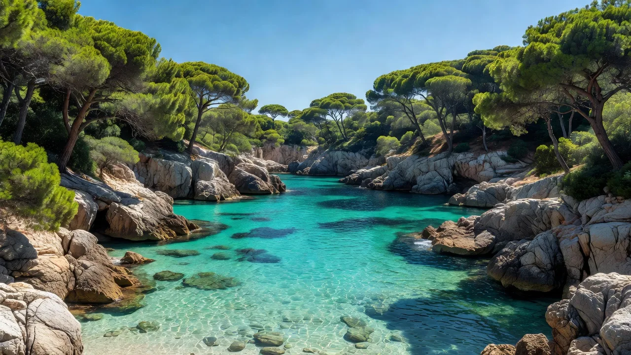 Crique rocheuse aux eaux turquoise bordée de pins parasols sur le Cap d'Antibes