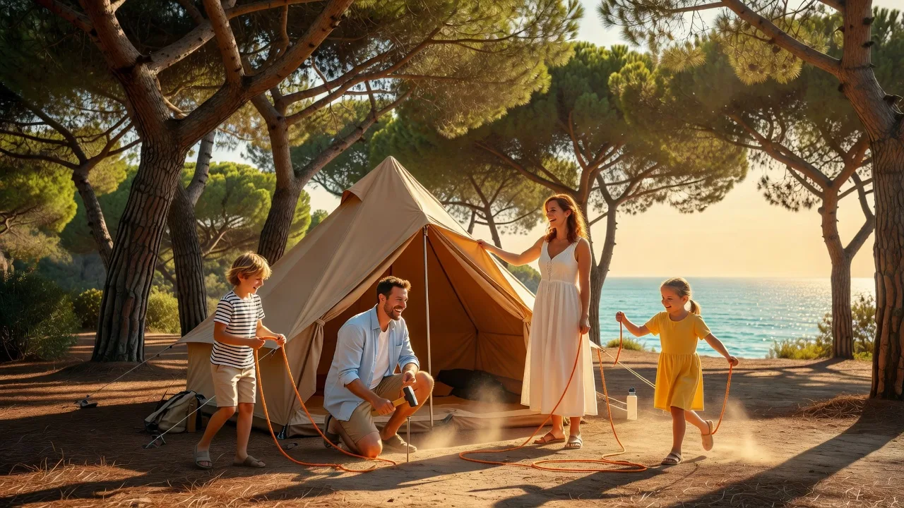 Famille installant une tente sous les pins dans un camping ombragé près d'Antibes