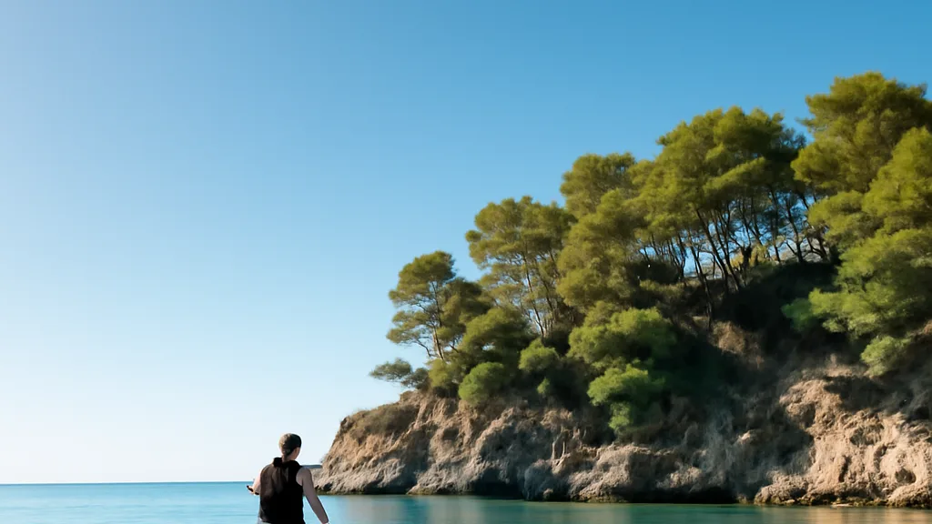 Personne pratiquant le paddle sur une mer calme au large du Cap d'Antibes, pins parasols en arrière-plan