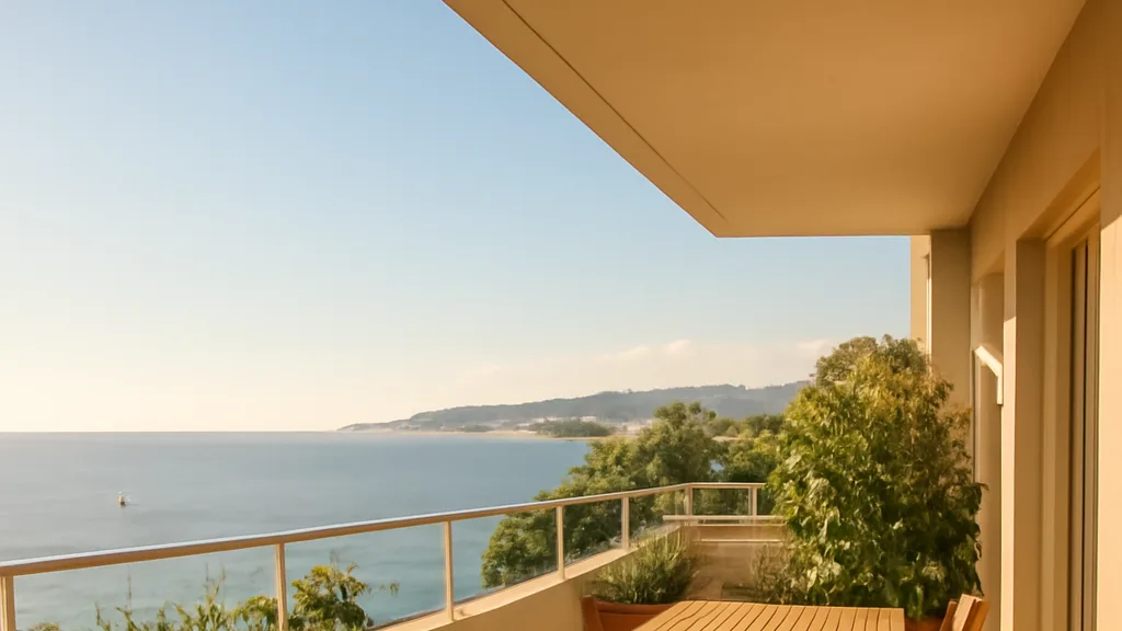 Vue sur la mer depuis une location saisonnière à Antibes, avec une famille profitant de la terrasse