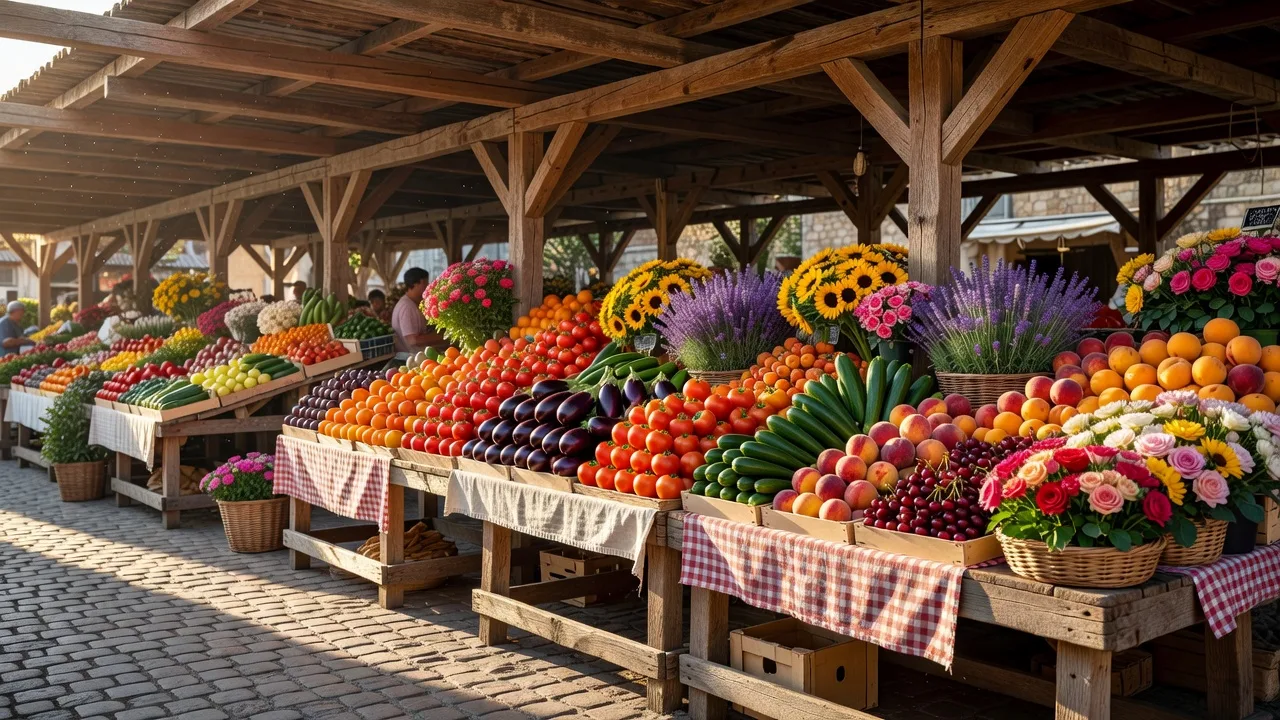 Vue du marché provençal d'Antibes avec des étals colorés et des visiteurs
