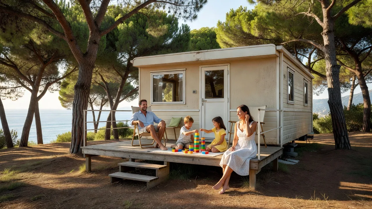 Famille profitant d'un mobil-home à Antibes sous le soleil estival
