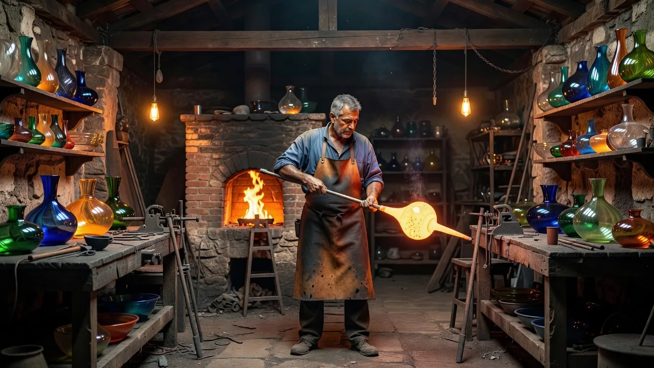 Artisan verrier soufflant une pièce de verre bullé dans un atelier traditionnel à Biot