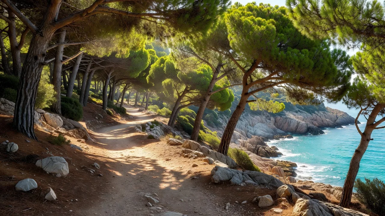 Sentier ombragé sous une pinède de pins parasols au Cap d'Antibes, lumière filtrée à travers les branches