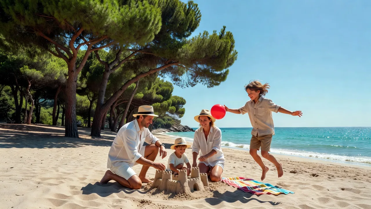 Famille jouant sur une plage de sable à Juan-les-Pins