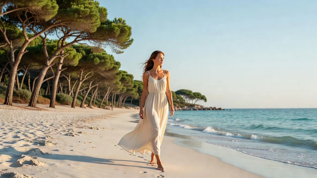 Jeune femme marchant pieds nus sur une plage de sable fin bordée de pins, à Juan-les-Pins, lumière du matin