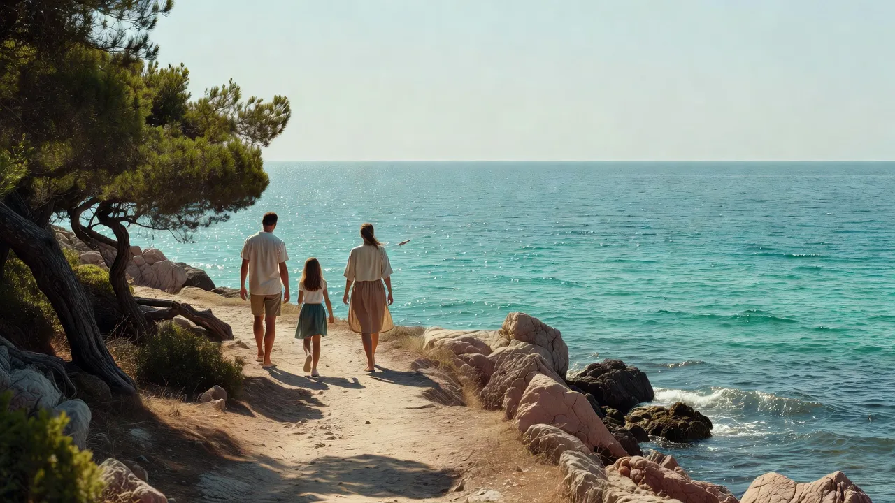 Famille marchant sur le sentier du littoral au bord de la Méditerranée près d'Antibes