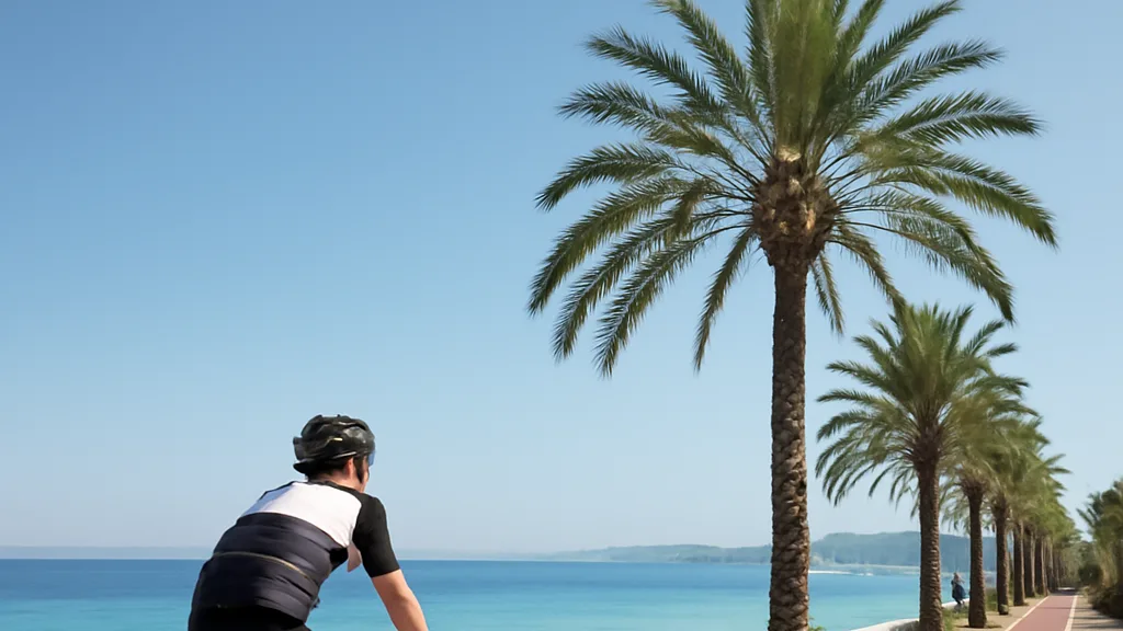 Cycliste roulant sur une piste cyclable en bord de mer entre Antibes et Juan-les-Pins