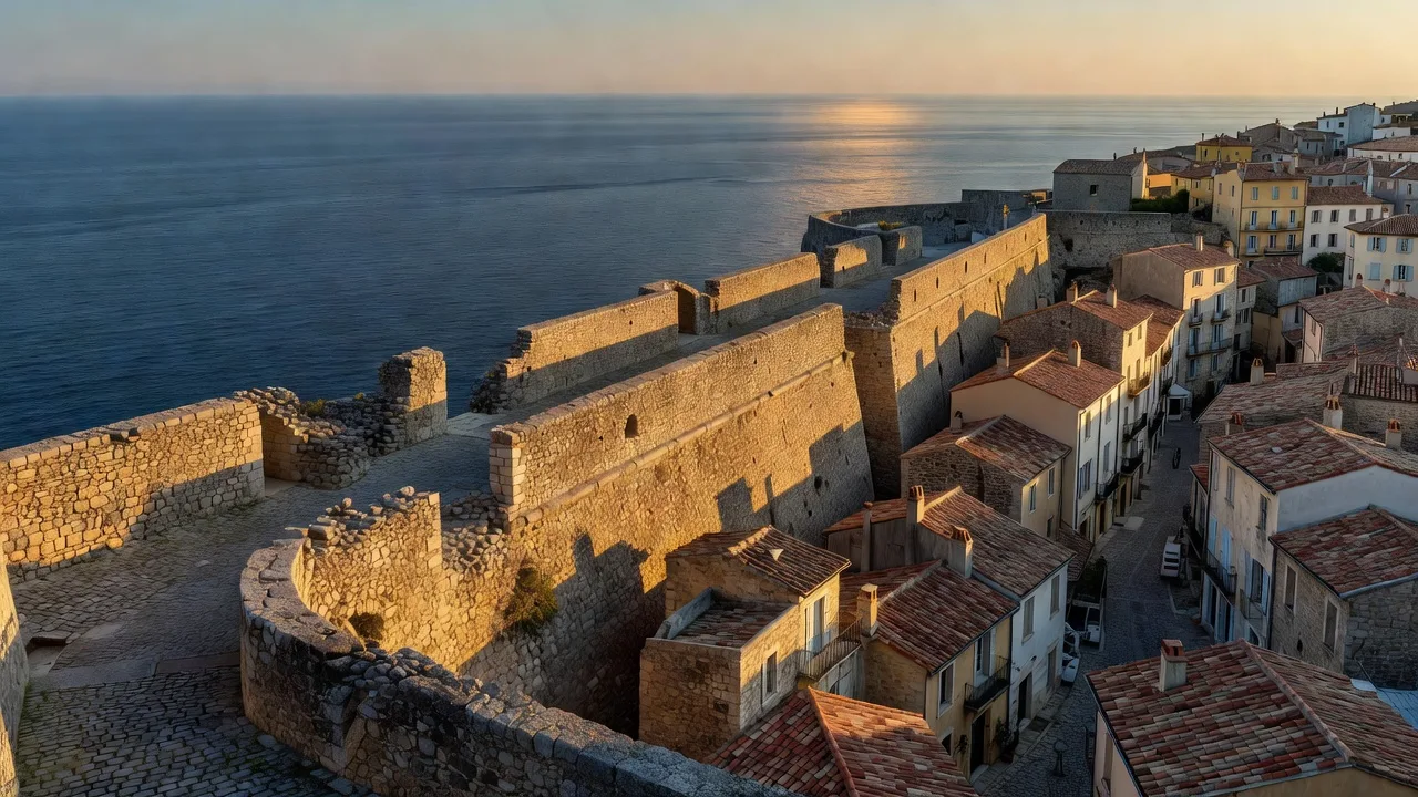 Ruelle pavée de la vieille ville d'Antibes bordée de façades colorées, avec vue sur les remparts
