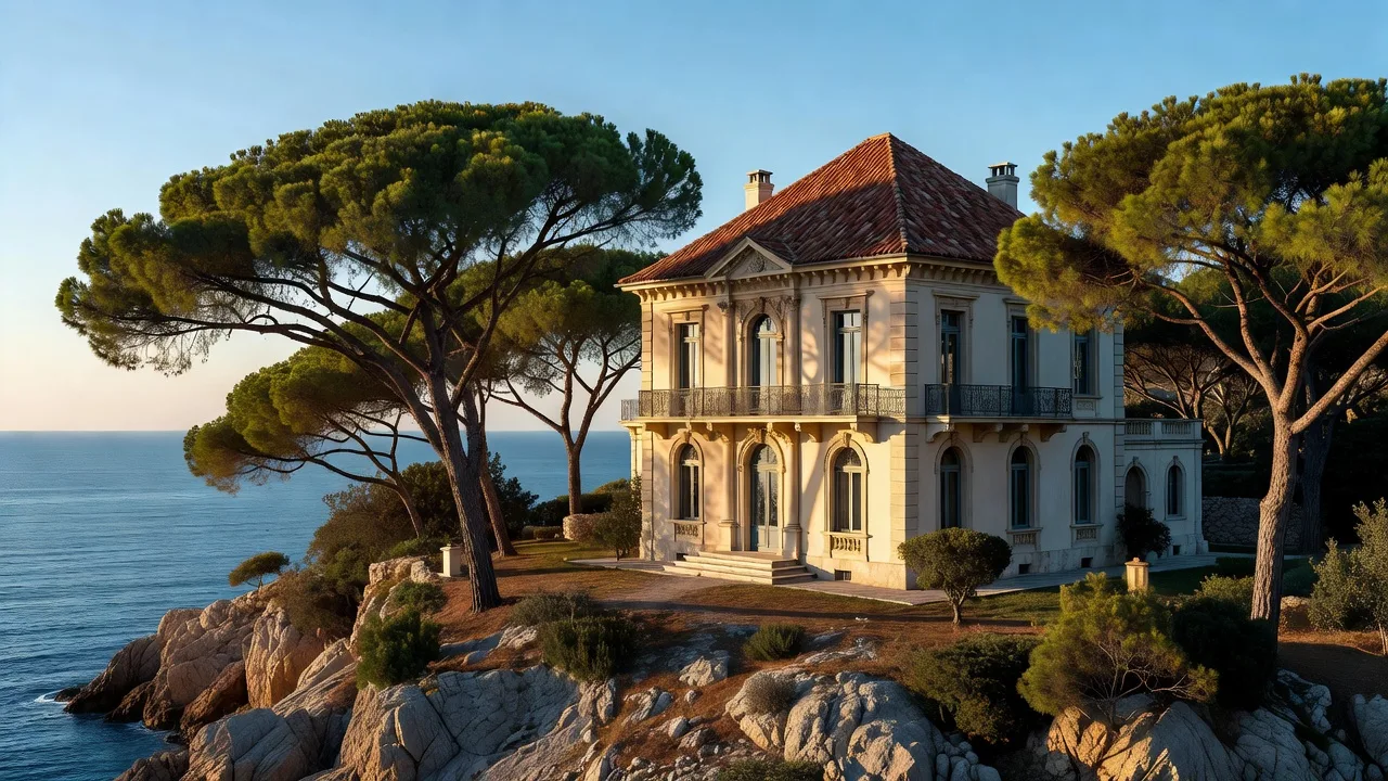Villa d'inspiration Belle Époque nichée dans une pinède du Cap d'Antibes, style architectural du XIXe siècle