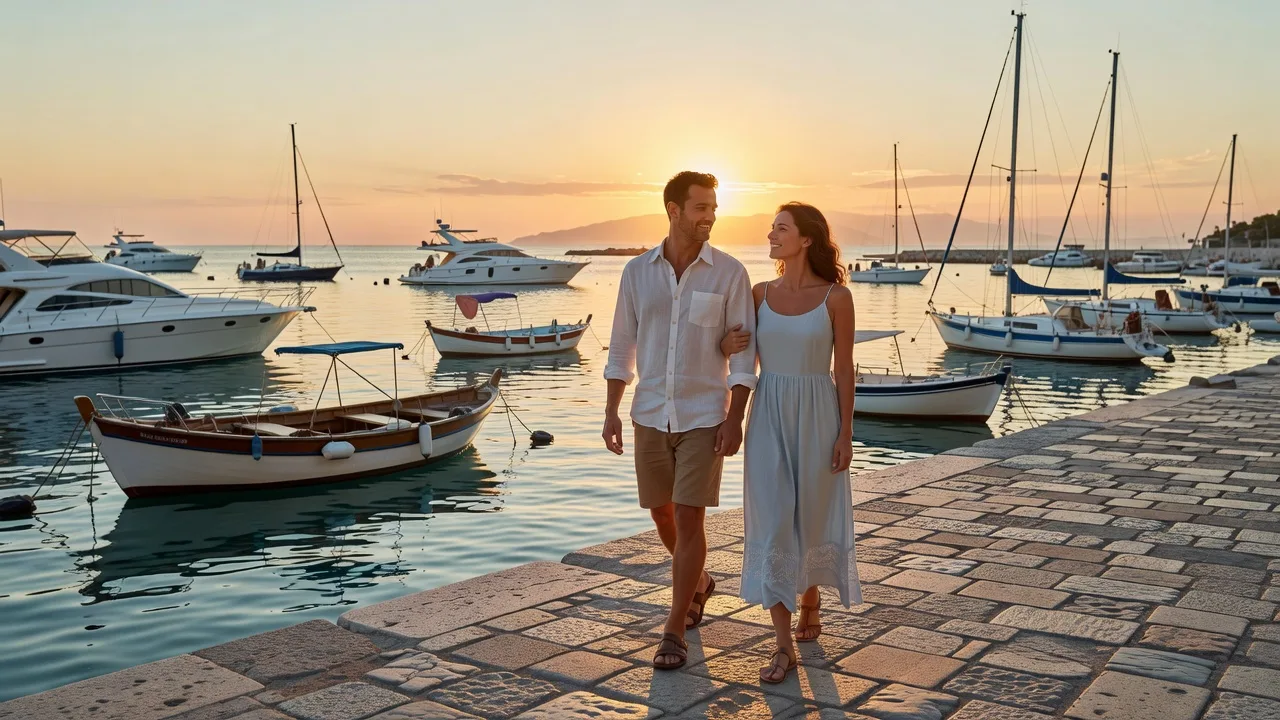 Couple se promenant sur le port d'Antibes en fin de journée, lumière dorée de fin d'après-midi