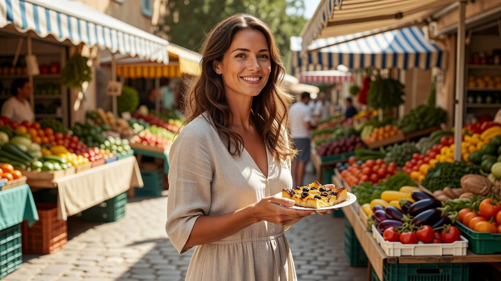 Femme souriante dégustant une part de pissaladière sur un marché provençal ensoleillé d'Antibes